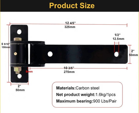 13 Inch Heavy Duty Gate Hinges Solid Carbon Steel 900 Lbs Capacity with dimensions and weight details