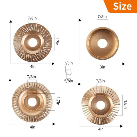 Diagram showing various five-piece carbon steel discs from the All In One Wood Carving Disc Set For Angle Grinders By Pomsare.