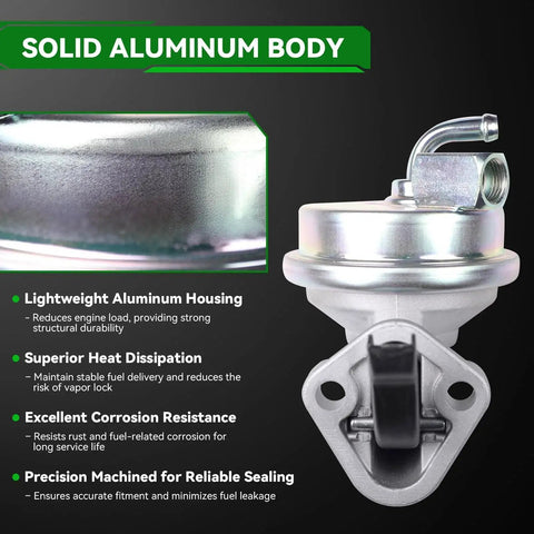 Mechanical Fuel Pump Replacement For SBC Small Block Chevy 350 With Stock 7.5 To 9.5 PSI Pressure, Solid Aluminum Body