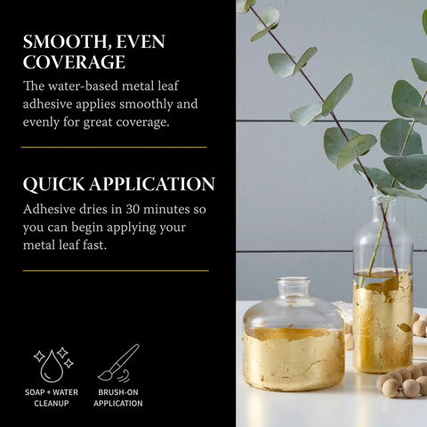 Metal Leaf Adhesive For Gold Silver Copper Gilding Water Based Brush On 2 Oz Made In USA Quick Dry Craft Glue with smooth coverage.
