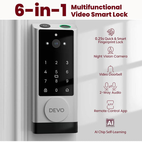 Video Smart Lock With Camera And Doorbell, 6-In-1 Keyless Entry System with fingerprint and app control on a front door.