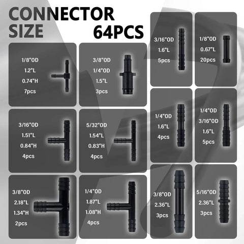 Connector sizes in Six Piece 4.9 Ft Vacuum Hose Kit For Automotive Air And Water Lines With 64 Connectors And One Tube Cutter
