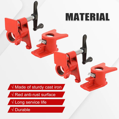 Red 3/4-inch wood-gluing pipe clamps with black handles; cast-iron, quick-release, heavy-duty woodworking clamps (3 shown)