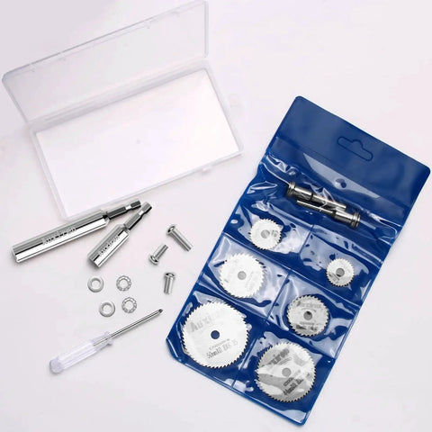 All-In-One Rotary Drill Saw Blade Kit With Six High Speed Steel Cutting Discs And Four Shanks Including Hex And Round Options Plus Screwdriver.