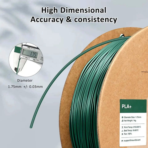 PLA Plus 1.75mm Filament For 3D Printers 1kg Cardboard Spool Pine Green showing dimensions and high dimensional accuracy.
