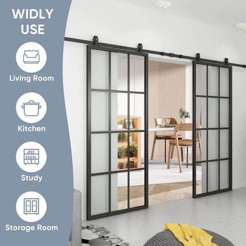 Double Barn Door Set 60x84 Inch With 13 Foot Top Mounted Hardware Kit Includes Two 30x84 Clear Tempered Glass Panels In Black Aluminum Frame Ready For Easy Assembly And Smooth Quiet Sliding installed between living room and kitchen.