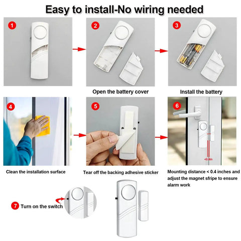 Installation steps for Loud Wireless Door And Window Alarm Pack Easy Install Magnetic Sensor Burglar Alarm System with 90dB alert