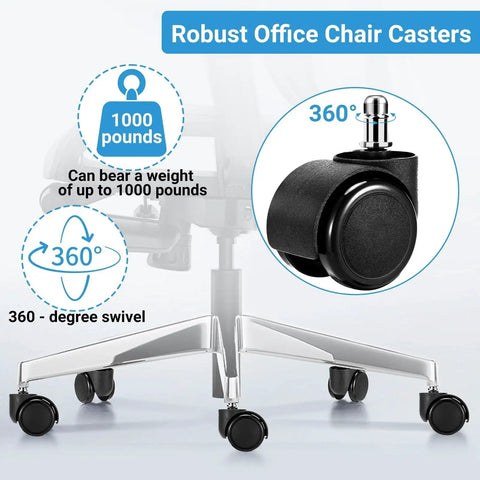 2 Inch Office Chair Casters Wheels Set Of 5 Heavy Duty Quiet Rubber Wheels For All Floor Surfaces, easy tool free installation
