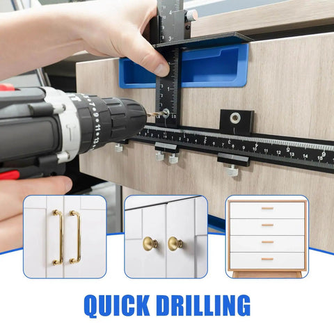 Adjustable Cabinet Handle Template Tool For Doors And Drawers Aluminum Alloy Jig in use on drawer with drill