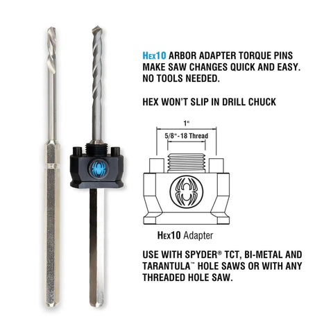 Image of Half Inch Quick Change Hole Saw Arbor With Rapid Switch And Rapid Core Eject For Easy Plug Removal High Speed Steel Tungsten Carbide Tipped, includes a detailed view of the arbor with Hex 10 adapter for drill use.