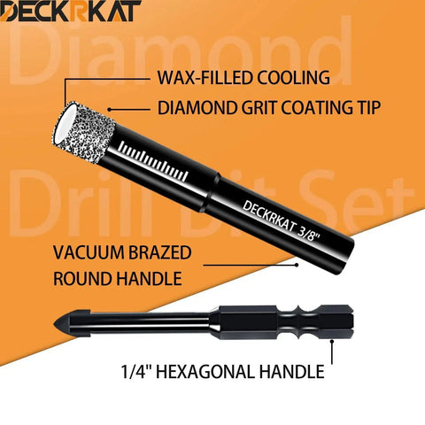 Close-up of DECKRKAT 3/8 inch diamond drill bit showing wax-filled cooling and diamond grit coating, part of 7 Piece Dry Diamond Drill Bit Set For Tile And Masonry Includes Three Sixteenths Inch One Quarter Inch Twice Five Sixteenths Inch Three Eighths Inch One Half Inch And One Quarter Inch Bit Ideal For Glass Ceramic Marble Porcelain DIY Friendly DECKRKAT.