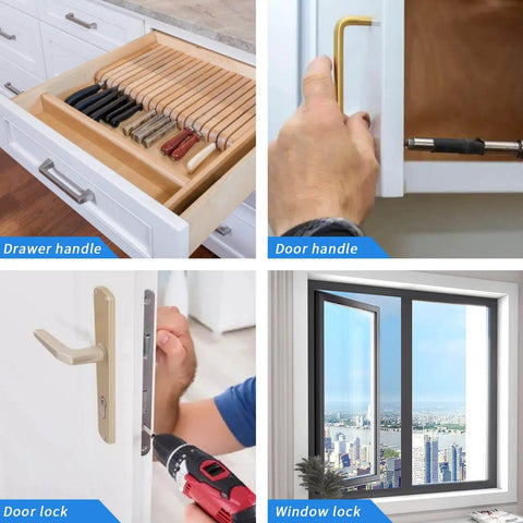 Assorted drawer handles, door handle installation, door lock fitting, and window lock setup using Pro Grade Cabinet Hardware Jig Tool Set.