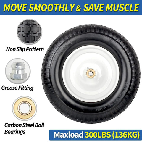 16 Inch Flat Free Solid Tire And Wheel For Wheelbarrows And Carts Size 4.80 4.00 8 With 3 Inch Centered Hub, 5/8 Inch Axle Bore