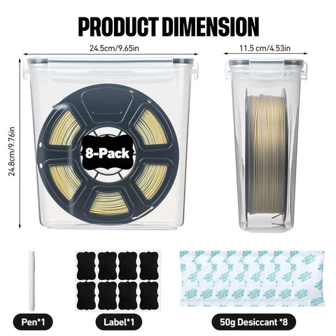 8 Pack 3D Printer Filament Storage Boxes Portable Sealed Waterproof Dustproof with desiccant, labels, and pen shown