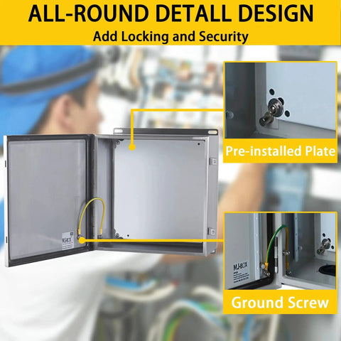 Stainless Steel Electrical Enclosure Box 12 X 12 X 6 In 304 Grade, explosion proof, IP66, open view showing locking and ground screw.