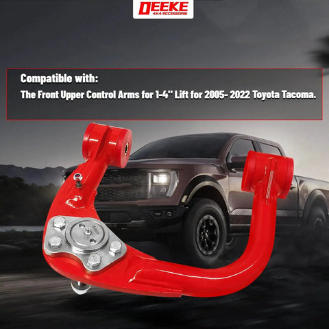 Beefy Front Upper Control Arms For 2005-2022 Toyota Tacoma With 1-4 Inch Lift Tubular Alloy Steel Replacement Arms displayed in red.