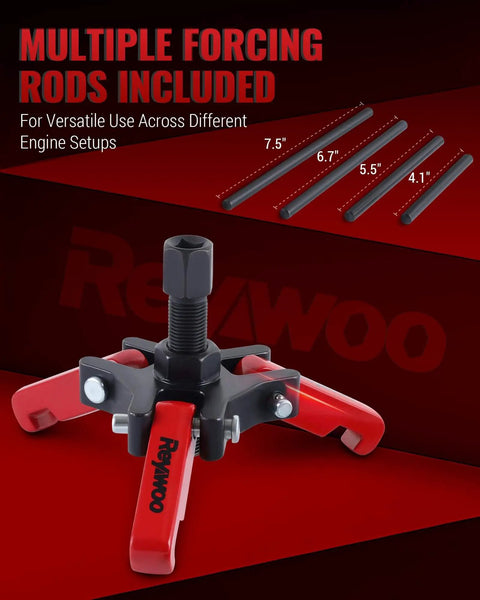 Harmonic Balancer Puller Kit For DIY Friendly Auto Repairs With Adjustable Three Jaw Puller shown with multiple forcing rods