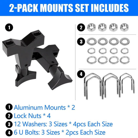 Hi Lift Jack Tube Mount For 1 To 2.5 Inch Tubing Fits Polaris RZR Offroad Rigs Universal Vehicle And Truck Adjustable High Lift Jack Mounting Aluminum With Stainless Hardware kit contents including mounts, nuts, washers, U-bolts.