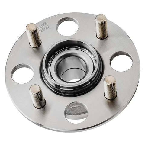 Two Piece Rear Wheel Bearing Hubs Kit For 2001 Through 2005 Honda Civic Complete Rear Assembly For Left And Right Sides 4 Bolt Design ABS Ready Replacement, top view of wheel bearing hub with four bolt design and metal construction