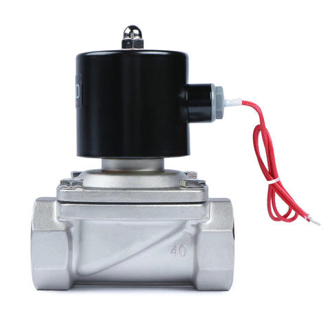 1-1/2-inch stainless steel solenoid valve with black coil housing and red electrical leads