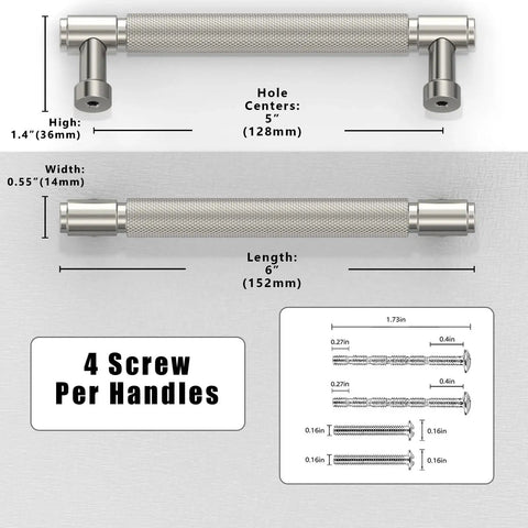 Dimensions of Brushed Satin Nickel Knurled Cabinet Pulls 5 Inch 128mm Pack Of 10 For Kitchen Cabinets And Drawer Fronts Premium Zinc Alloy Handles