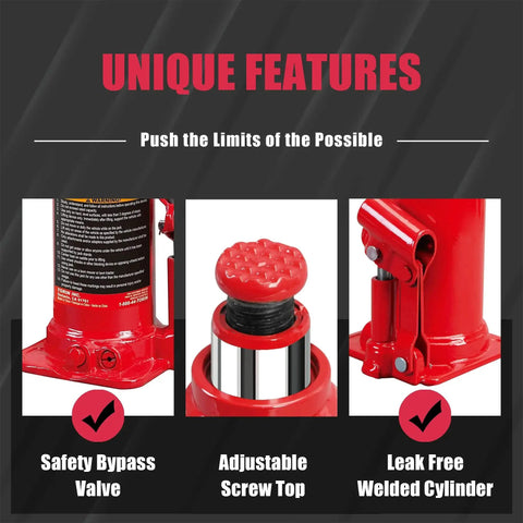 10 Ton Hydraulic Bottle Jack For Auto Repair And Home Lifts With Serrated Saddle featuring safety bypass valve, adjustable screw top, and leak-free welded cylinder.
