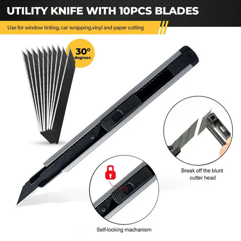 Utility knife with 10 replacement blades, part of the Vehicle Vinyl Wrap and Window Tint Tool Kit for Car Wrapping DIY Pros