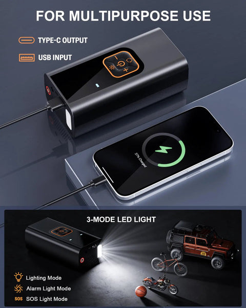 Portable Tire Inflator With 180 PSI Digital Gauge For Cars, Motorcycles, Bikes, And Balls, 12V DC Power, LED Light, Fast 6X Inflation, Compact Air Compressor close-up view showing controls and USB connections.