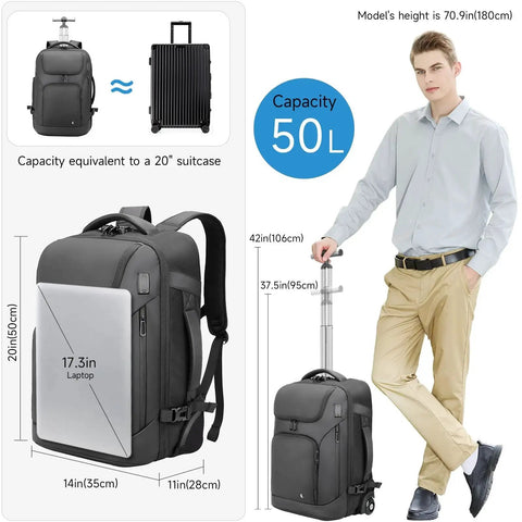 Two In One Rolling Backpack With Wheels And Backpack Convertible Design For Travel And Work Fits 17 Inch Laptop Water Resistant