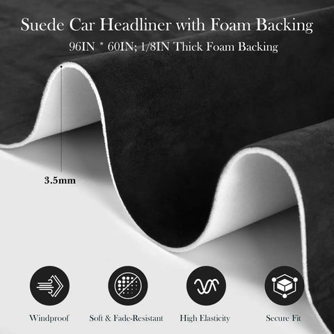 Black suede headliner fabric with foam backing, 3.5mm thick, shown in close-up, suitable for auto interiors, 96x60 size.
