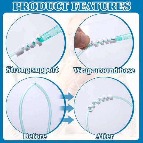 Oxygen tube support crimp straightener for nasal cannula; white plastic, 360-degree rotatable connectors