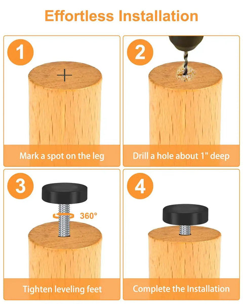 Easy install guide for 12 Pack Adjustable Leveling Feet One Quarter Inch 20 UNC For Furniture DIY Projects on wooden furniture leg.