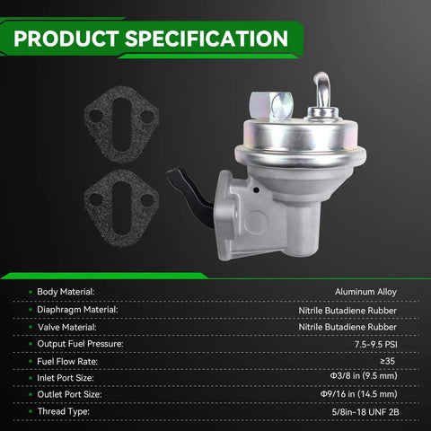 Mechanical Fuel Pump Replacement For SBC Small Block Chevy 350 With Stock 7.5 To 9.5 PSI Pressure Compatible With GM V8 Carbureted Engines Easy Swap In For Classic Buick Chevrolet GMC Olds And Pontiac Cars shown with specifications.