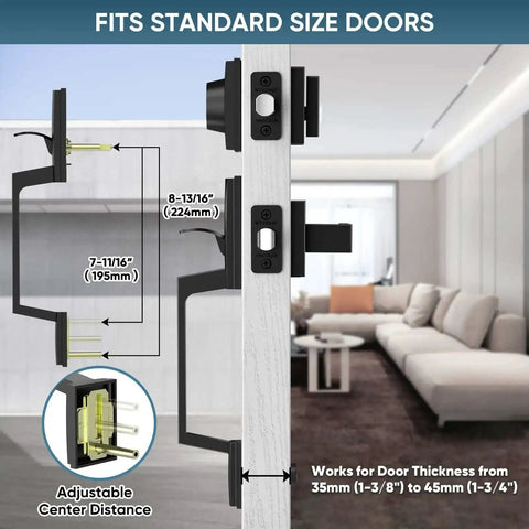 Heavy Duty Front Door Handle Set With Square Lever And Single Cylinder Deadbolt Reversible For Exterior Entrances Matte Black Finish installed on a door