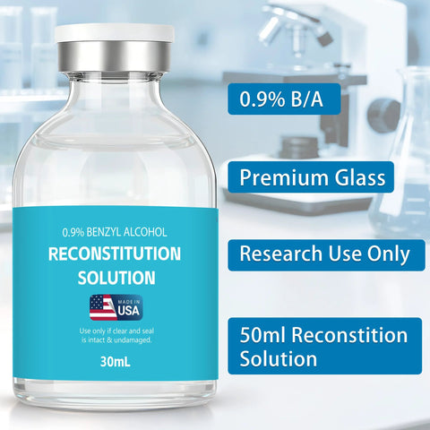 50 mL reconstitution solution vial in clear premium glass with blue label, USA made, for research use only
