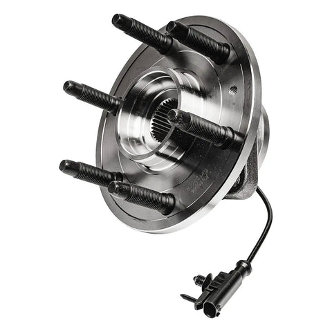 Beefed Up Front Wheel Bearing Hubs Kit For 4WD Chevy GMC Silverado Sierra Yukon Suburban Tahoe Avalanche Cadillac Escalade ESV EXT 6 Studs Models With Two Bearings And Hubs Mounting Replacement, front view of hub with six studs and ABS sensor wire.