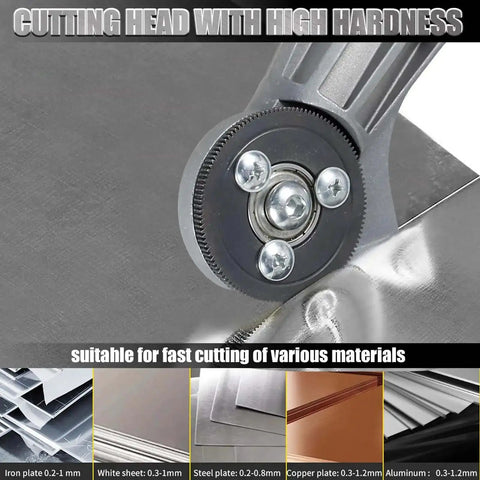 Close-up of cutting head on Electric Drill Plate Cutter 18V and 21V Double Headed For Metal Sheets with material thickness guide