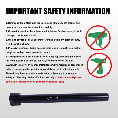 Inner Tie Rod Removal Tool Kit With 12 Crowfoot Adapters Half Inch Drive shown with safety information and non-use warnings.
