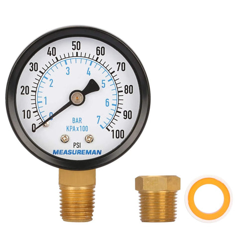 Measureman 2-inch well pump pressure gauge, 0-100 psi, 0-7 bar, brass 1/4 NPT male with 1/2 NPT adaptor and gasket