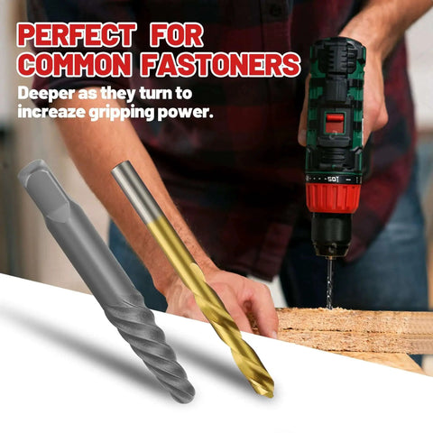 14 Piece Screw Extractor Set Heavy Duty With Left Hand Drill Bits For Removing Stripped Screws And Broken Bolts Made From 35Cr-Mo And 6542 HSS Steel Cobalt Easy Out Kit With Spiral Extractors For Quick Hassle Free Repairs shown with drill and fasteners