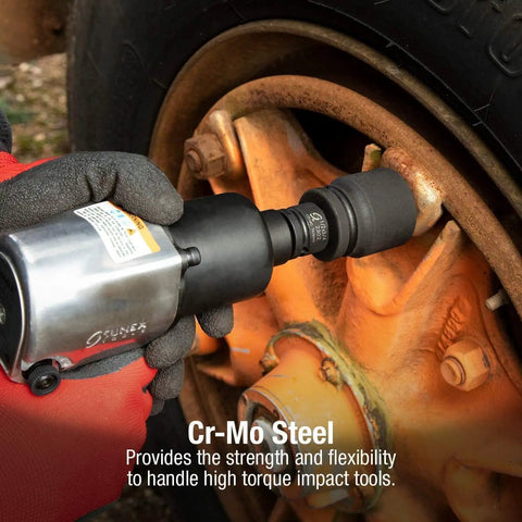 3/8-1/4 drive socket adapter, Cr-V steel, black, 2-piece set, installed between impact wrench and wheel hub.
