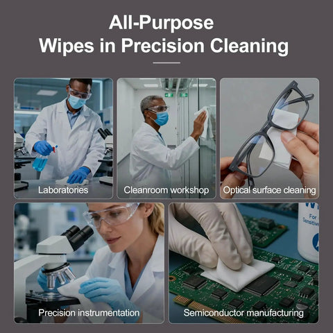 All-purpose wipes used in laboratories, cleanroom workshops, and optical cleaning; featuring Double Knit Polyester Cleanroom Wipes 120 GSM.