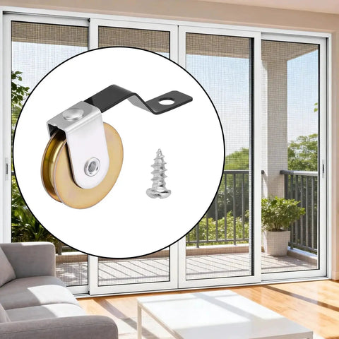 4 Pack Sliding Screen Door Rollers Replacement With 1 Inch Heavy Duty Tension Springs And Concave Steel Ball Bearings Fits Top And Bottom Wheels For B638 B687 B639 B756 Doors Includes Mounting Screws. Image shows a roller and screw with a sliding screen door background.