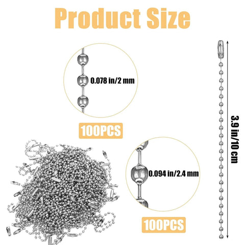 Dual Size Ball Chain Set With 200Pcs 2Mm And 2.4Mm Metal Bead Chains In Silver, showing product size and bead details, 3.9 inch length