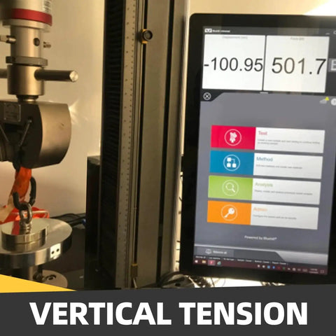 Vertical tension test setup with digital display showing results, including a 60 Mm Fishing Magnet Kit 500 Lb Neodymium Heavy Duty Retriever With 65 Ft Rope under stress.
