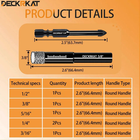 7 Piece Dry Diamond Drill Bit Set For Tile And Masonry Includes Three Sixteenths Inch One Quarter Inch Twice Five Sixteenths Inch Three Eighths Inch One Half Inch And One Quarter Inch Bit shown with product details.