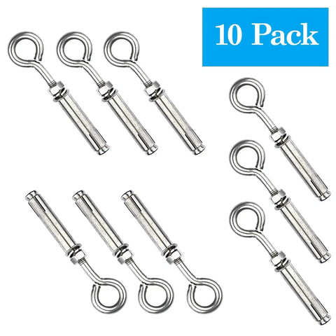 Built Tough Heavy Duty M6 Eyebolts Set in Stainless Steel for wall, ceiling, and concrete anchors with expansion screws and nut, 10 pack