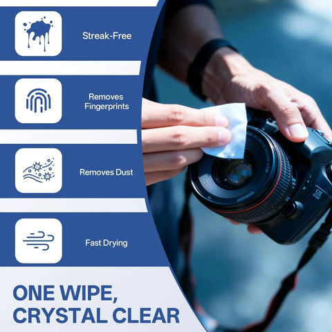 Pre-Moistened Lens Wipes For Glasses Cameras And Screens Scratch-Free, cleaning a camera lens, detailed view with features displayed.