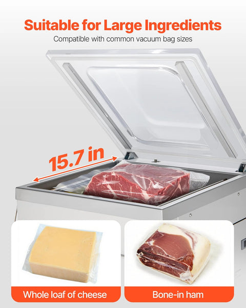VEVOR chamber vacuum sealer with lid open; 15.7 in bag length; cheese block and bone-in ham pictured