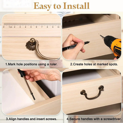 Installation guide for Four Brass Drawer Pulls And Knobs Set With Double Mounting Holes In Vintage Flower Ring Design 4.13 Inch Long Base